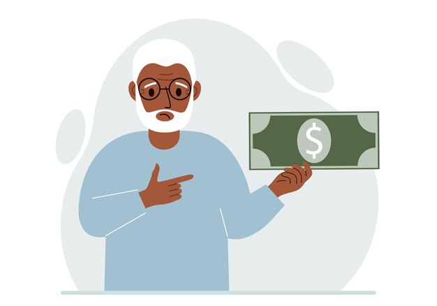 A old man holds a large paper bill in his hand The concept of income expense earning or spending money