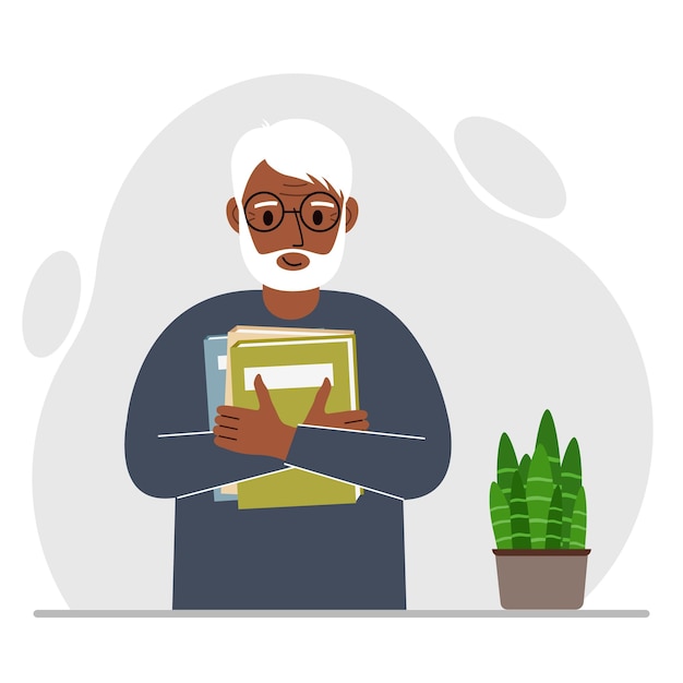 A old man holds a stack of books in his hands Knowledge or education for future work personal improvement reading list Vector flat illustration