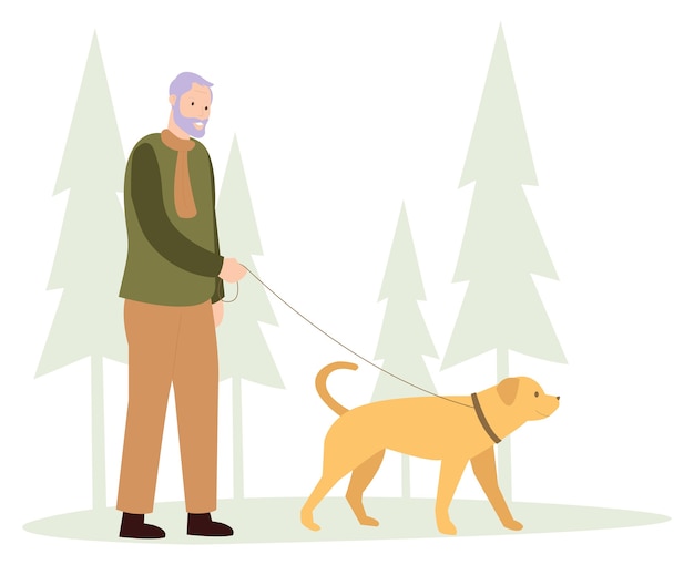 An old man is walking with a pet dog in winter