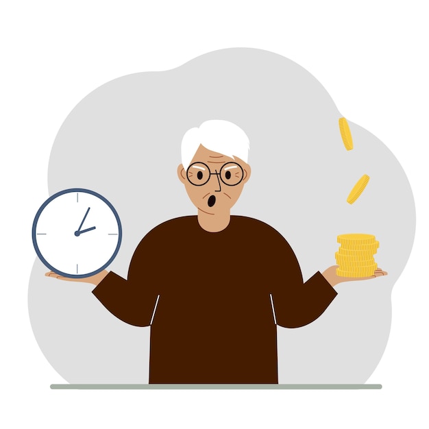 A old man makes a decision or chooses between two options or alternatives a watch and a pile of coins The concept of time or money the balance between work and leisure