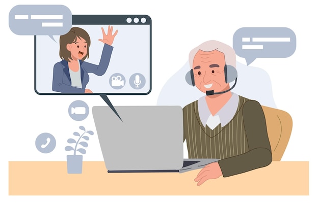 Old man making video call with adult daughter chatting communicating online using computer application vector cartoon illustration