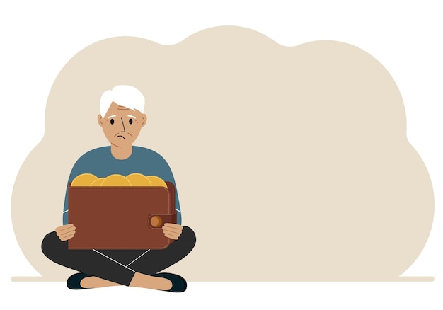 A old man sits crosslegged and holds a large purse of coins The concept of a savings wallet a successful loan golden earnings with metal money in the currency