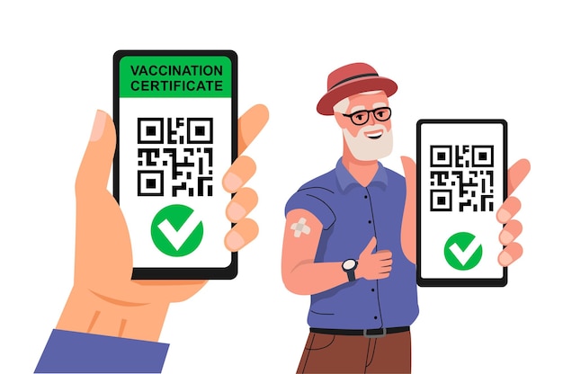 Old man vaccinated showing arm with patch and phone with qr code passport. Digital health certificate