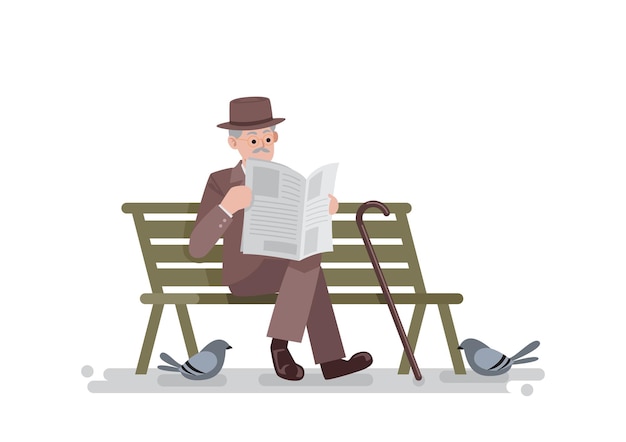 Old man in vintage suit sitting on bench with reading newspaper, vector illustration