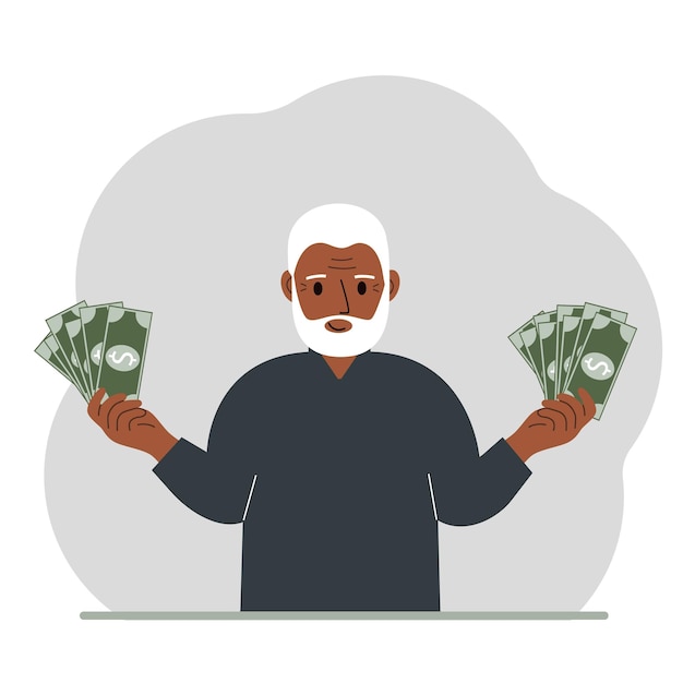 A old man with banknotes in both hands The concept of wealth Vector