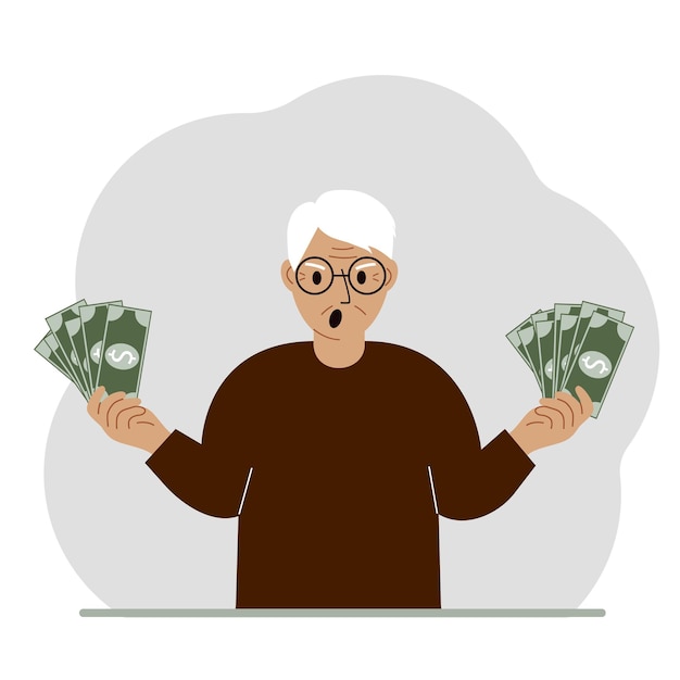 A old man with banknotes in both hands The concept of wealth Vector