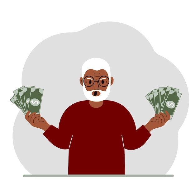 A old man with banknotes in both hands The concept of wealth Vector