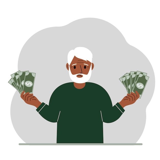 A old man with banknotes in both hands The concept of wealth Vector