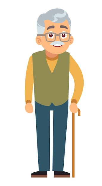 Old man with walking cane Senior cartoon character