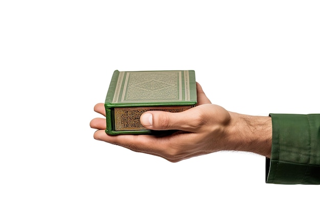 An old man with a wilted hand and many tendons is touching his religion book