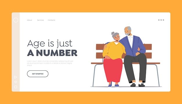 Old Man and Woman Landing Page Template Oldies Sitting on Bench Hugging Elderly Male and Female Characters Spend Time