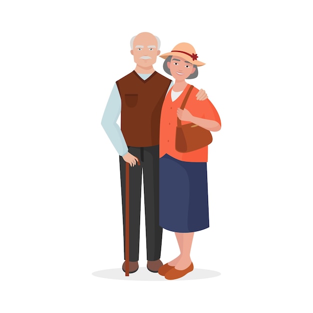 Vector old man and woman standing together happy married grandparents at walk