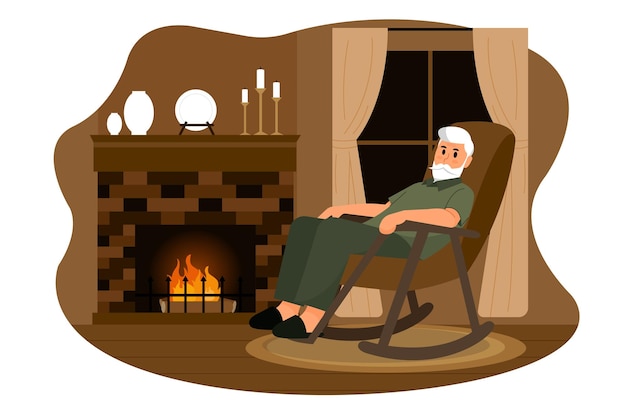 Old Man in The Wood Cabin Vector Illustration