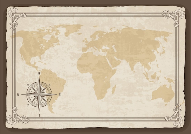 Vector old map frame with retro nautical compass on old paper texture. hand drawn antique nautical old.