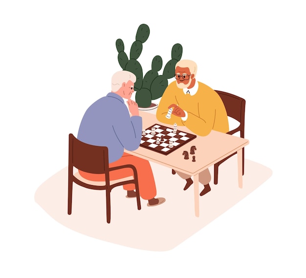 Old men, senior friends playing chess, board game. Elderly people, retired characters players at chessboard at home leisure, relaxing together. Flat vector illustration isolated on white background