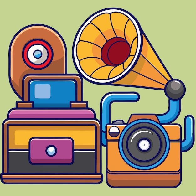 Vector old music player with gramophone camera and vinyl music vector illustration flat cartoon style suitable for web landing page banner flyer sticker wallpaper card background