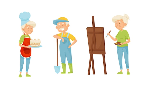 Old people engaged in different activities vector set