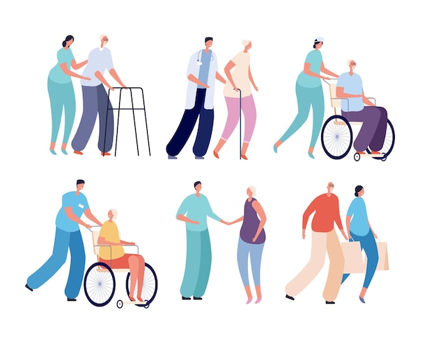 Old people nursing. Smiling volunteers, care of seniors and disabled persons. Health help services workers. Elderly and nurses vector set. People elderly and volunteer help illustration