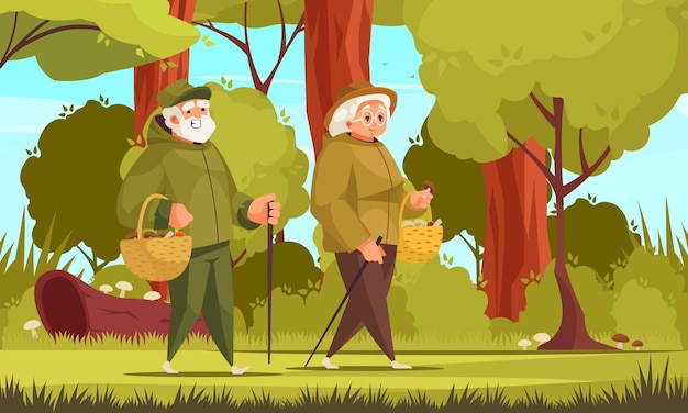 Old people outdoor activity cartoon composition with elderly couple gathering mushrooms in the wild illustration