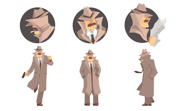 Old Private Detective With Mustache In Different Poses Vector Illustration Set Isolated On White Background