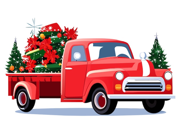 old red truck with wreath and bows hauling christmas presents vector illustration