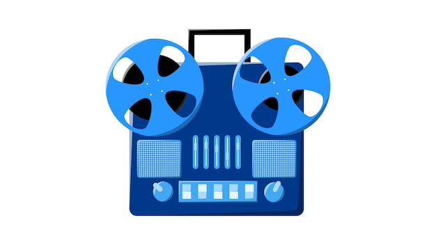 Old retro blue vintage music cassette tape recorder with magnetic tape on reels and speakers from the 70s 80s 90s Beautiful icon Vector illustration