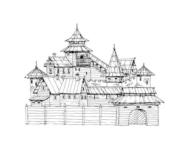 An old Russian wooden city. An ancient fortress. In black ink.