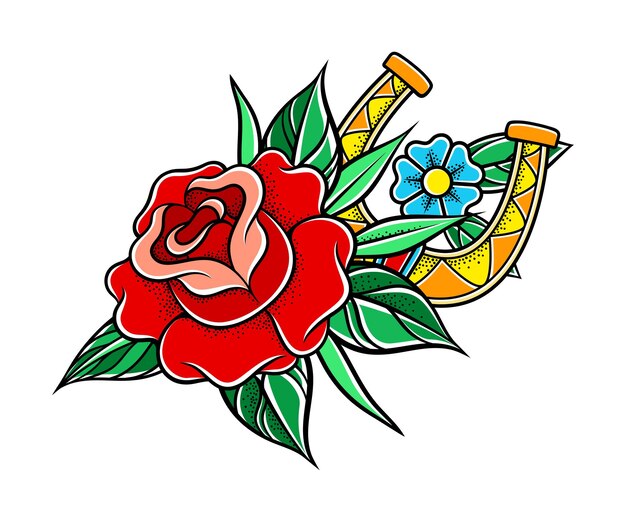 Vector old school badge with stylized red rose bud and horseshoe vector illustration