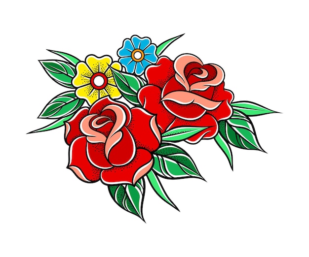 Old School Badge with Stylized Red Rose Bud Vector Illustration