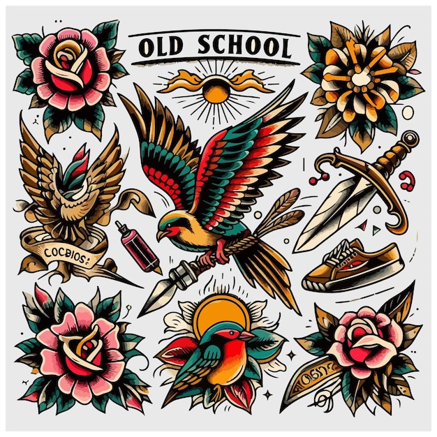 Vector old school tattoo emblems stock illustration tattoo art badge bird botany