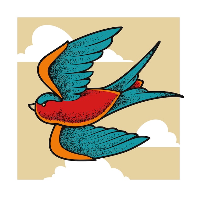 Old school tattoo swallow bird flying in clouds. Dotwork style vector art.