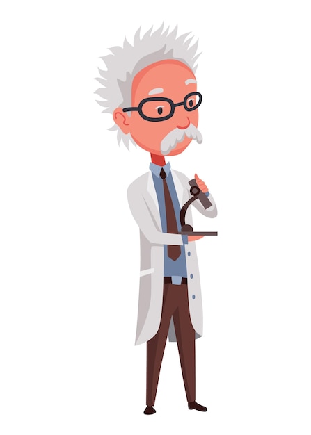 Old scientist holding microscope Funny moustached character wearing glasses and lab coat Discovery in science Vector illustration in cartoon style