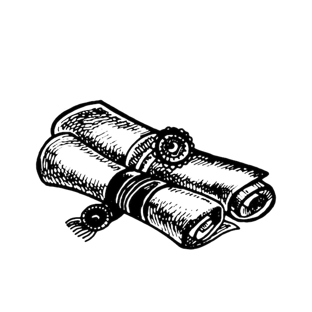 Old scroll with seal Hand drawn engraving style Vector illustration