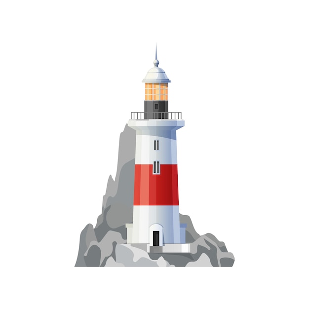 Old sea lighthouse no rocky shore vector icon