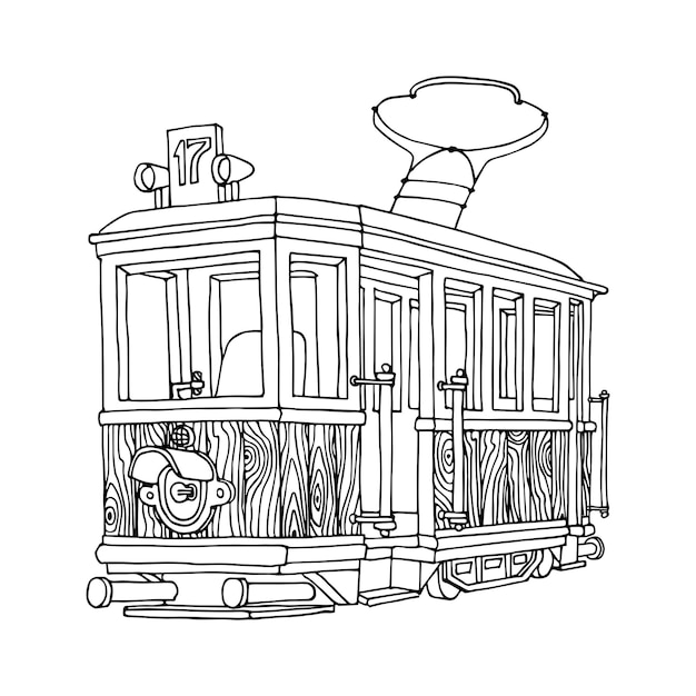 An old Soviet wooden tram of the 40s with one headlight a museum exhibit In black ink