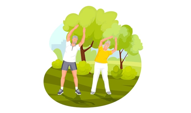 Vector old sporty couple senior and woman in the morning city green park outdoor activity or healthy lifestyle elderly people in sportswear suit doing morning exercise cartoon isolated vector illustration