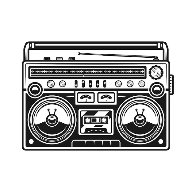 Old style music boombox or cassettes record player vector black illustration isolated on white background