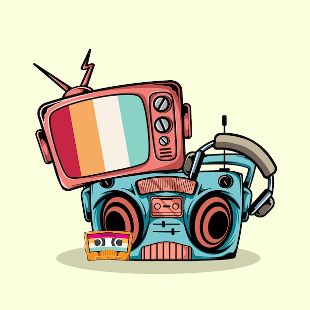 OLD TELEVISION, RADIO, HEADPHONE AND CASSETTE ILLUSTRATION