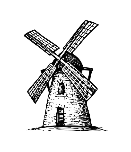 Old tower mill. Hand drawn ink sketch.