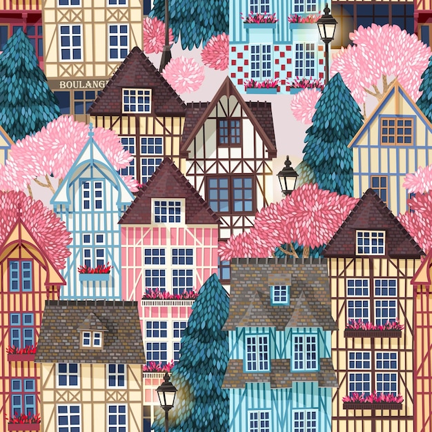 Old town with trees vector seamless pattern