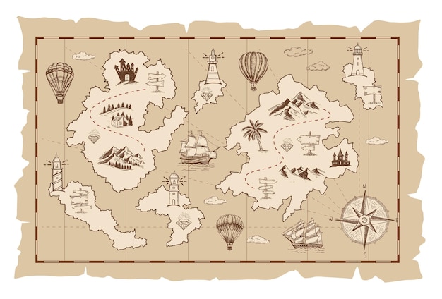 Old treasure map vector sketch. Hand drawn illustrations, vector.