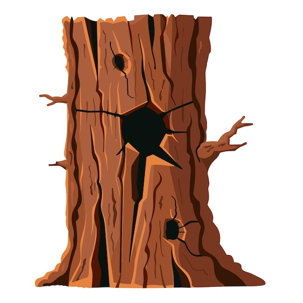 Vector old tree trunk illustration showing textured bark hollows cartoon style depiction brown tree