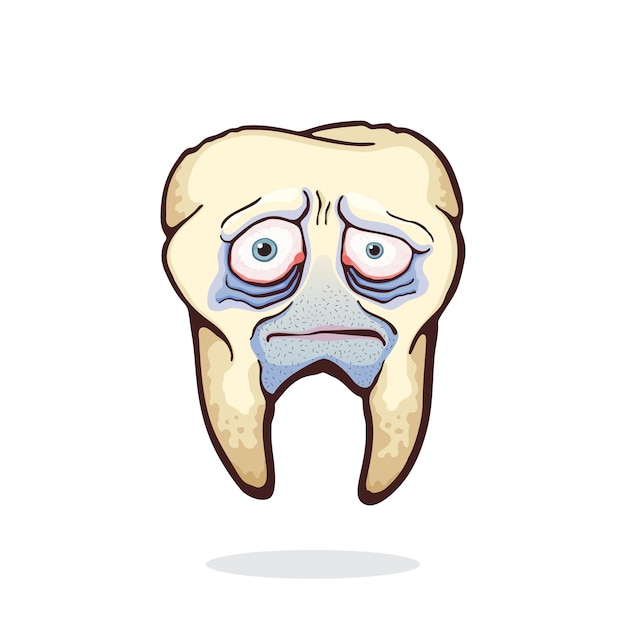 Old unhealthy sad human tooth with caries red eyes and bristles Vector illustration