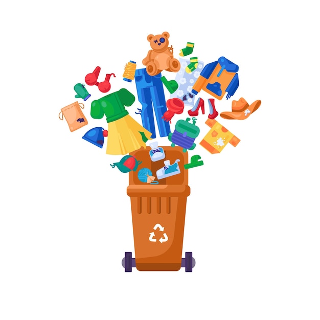 Vector old unwanted textile products fall into open trash bin heap of old clothing toys and fabric scraps textile pollution problem cartoon vector isolated on white background