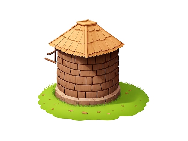 Old village stone well with wooden roof Cartoon vector isolated on white background