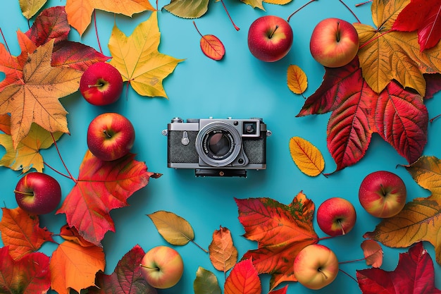 Vector old vintage camera and autumn leaves