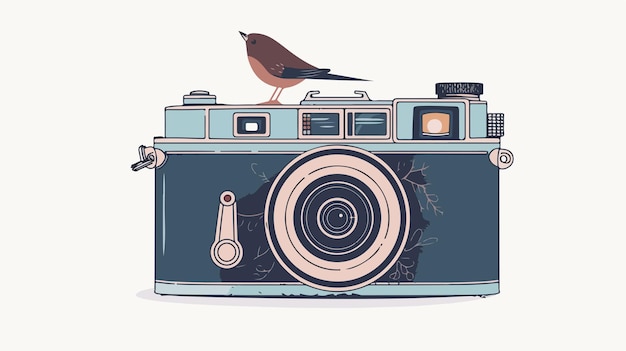 Vector old vintage camera with bird flat vector isolated