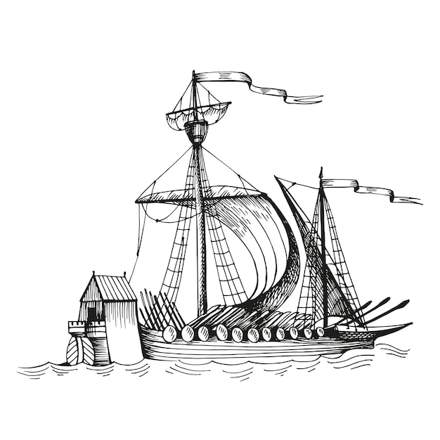 Old vintage sailing boat caravel handdrawn vector sketch