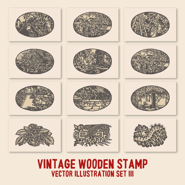 Old vintage wooden stamp vector illustration set 3