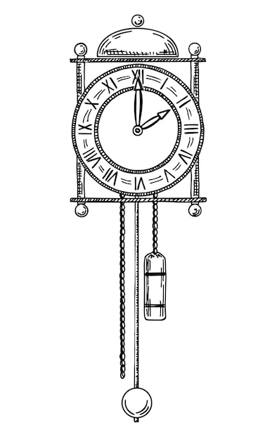 Old wall clock Vintage wall clock sketch Handdrawn single Vintage watch Sketch of old pendulum clock